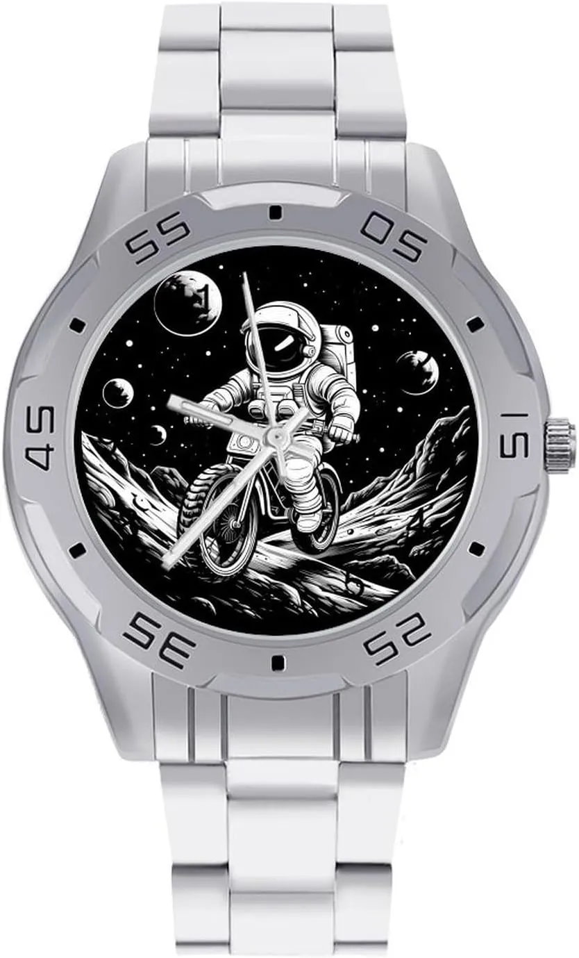 Cute Astronaut Rides on Bicycles Stainless Steel Metal Strap Simple Business Watches for Men Easy Reader Work Casual Watch