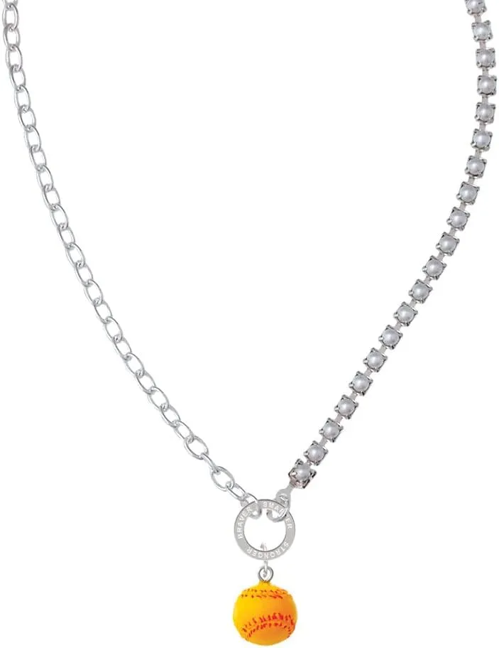 Delight Jewelry Resin 1/2" Softball Stronger Braver Smarter Mixed Cable and Imitation Pearl Chain Choker Necklace, 14.75-17"
