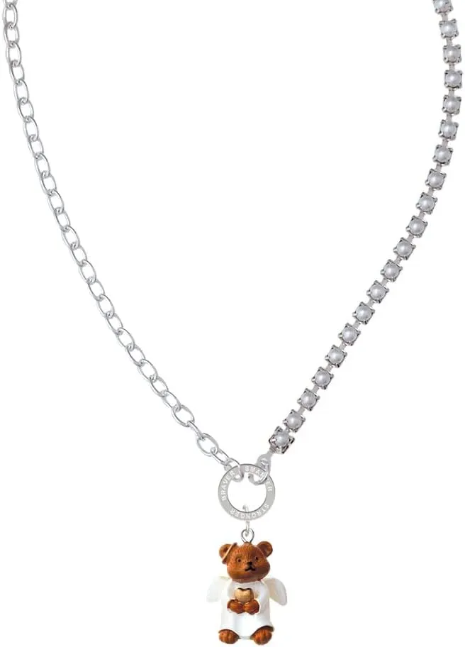 Delight Jewelry Resin Angel Bear Stronger Braver Smarter Mixed Cable and Imitation Pearl Chain Choker Necklace, 14.75-17"