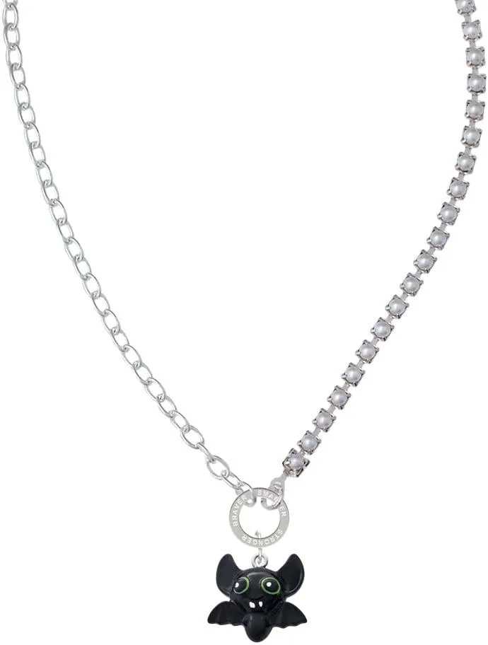 Delight Jewelry Resin Bat Buddy Stronger Braver Smarter Mixed Cable and Imitation Pearl Chain Choker Necklace, 14.75-17"