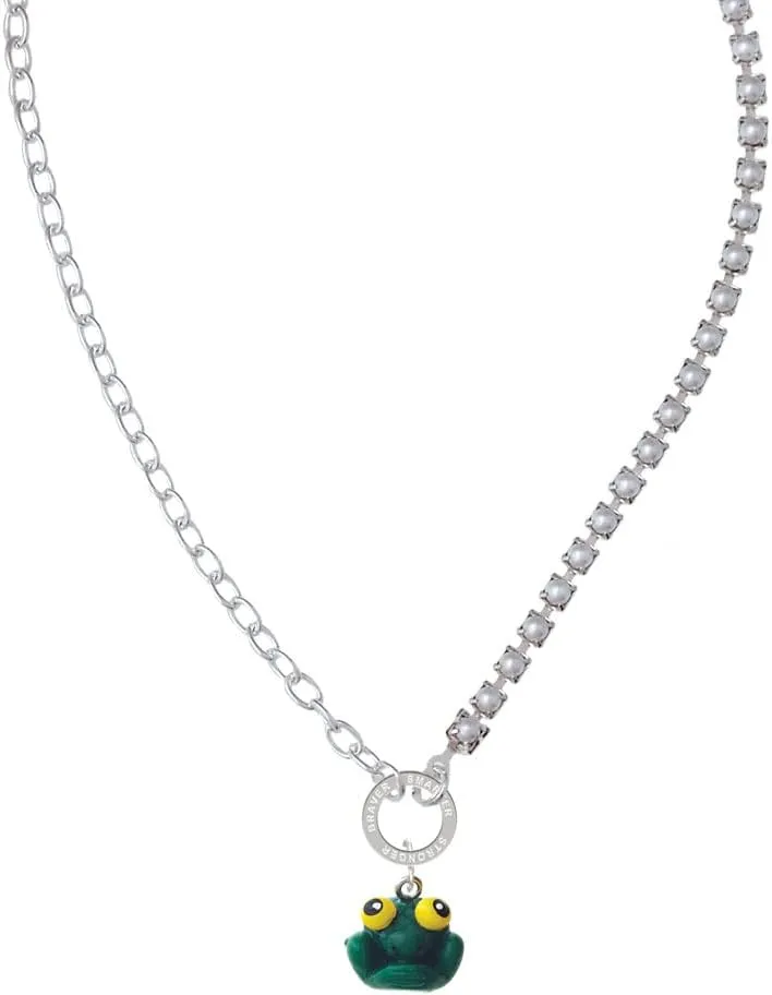 Delight Jewelry Resin Big Eyed Frog Stronger Braver Smarter Mixed Cable and Imitation Pearl Chain Choker Necklace, 14.75-17"
