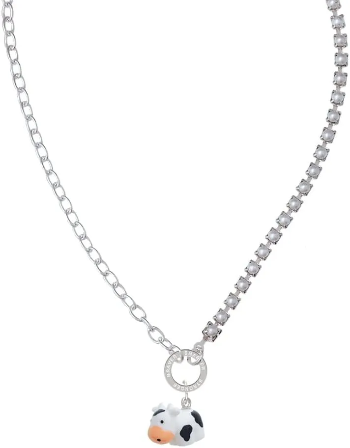 Delight Jewelry Resin Black and White Cow Stronger Braver Smarter Mixed Cable and Imitation Pearl Chain Choker Necklace, 14.75-17"