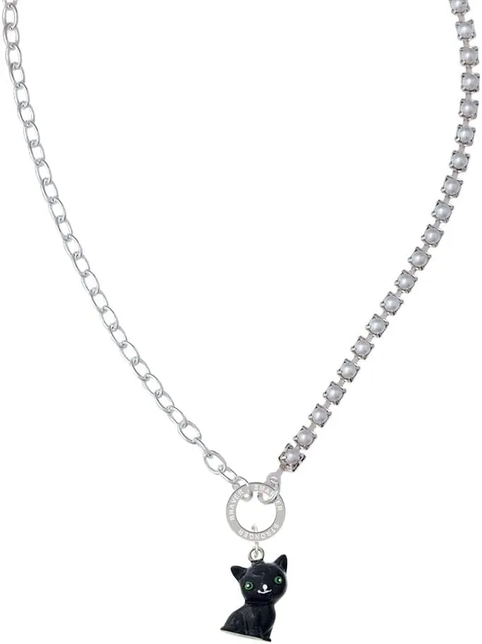 Delight Jewelry Resin Black Cat Stronger Braver Smarter Mixed Cable and Imitation Pearl Chain Choker Necklace, 14.75-17"