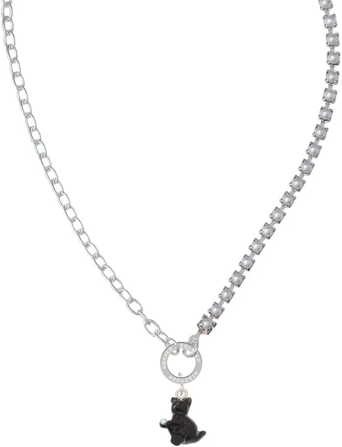 Delight Jewelry Resin Black Playing Cat Stronger Braver Smarter Mixed Cable and Imitation Pearl Chain Choker Necklace, 14.75-17"
