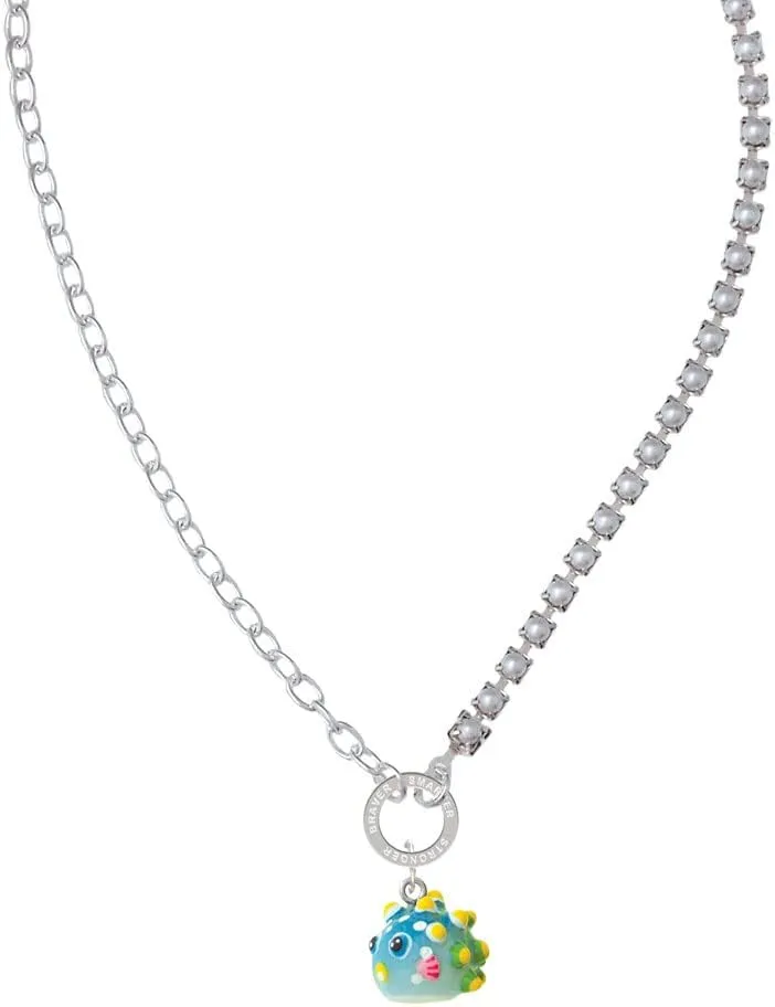 Delight Jewelry Resin Blowfish Stronger Braver Smarter Mixed Cable and Imitation Pearl Chain Choker Necklace, 14.75-17"