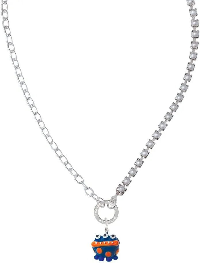 Delight Jewelry Resin Blue Alien with Orange Dots Stronger Braver Smarter Mixed Cable and Imitation Pearl Chain Choker Necklace, 14.75-17"