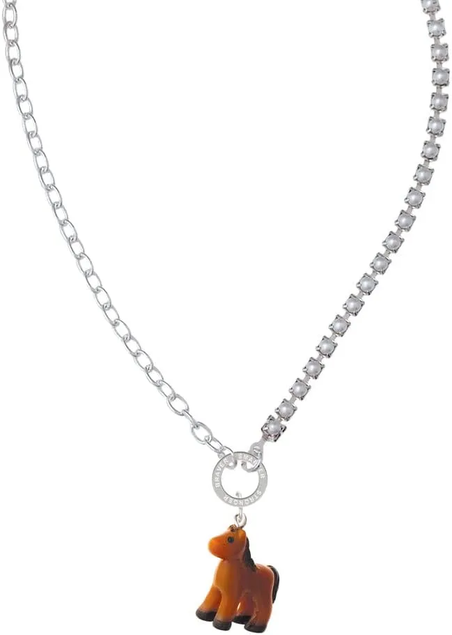 Delight Jewelry Resin Brown Pony Stronger Braver Smarter Mixed Cable and Imitation Pearl Chain Choker Necklace, 14.75-17"