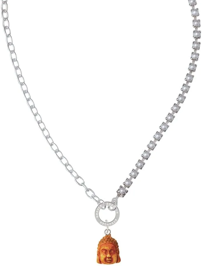 Delight Jewelry Resin Buddha Head Stronger Braver Smarter Mixed Cable and Imitation Pearl Chain Choker Necklace, 14.75-17"