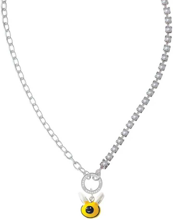 Delight Jewelry Resin Bumble Bee Stronger Braver Smarter Mixed Cable and Imitation Pearl Chain Choker Necklace, 14.75-17"