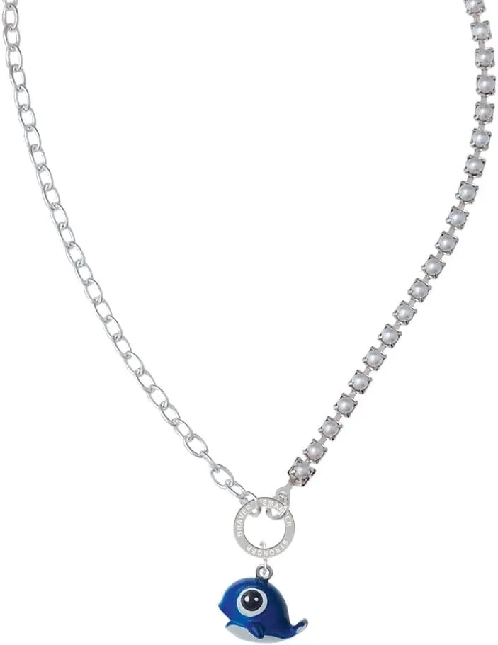 Delight Jewelry Resin Cute Blue Whale Stronger Braver Smarter Mixed Cable and Imitation Pearl Chain Choker Necklace, 14.75-17"