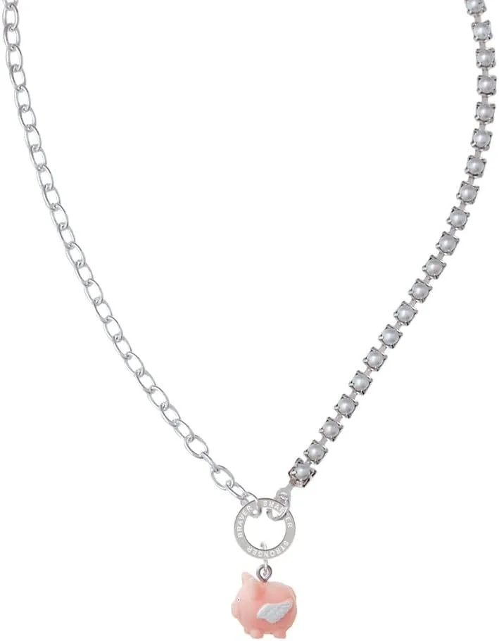 Delight Jewelry Resin Flying Pink Pig Stronger Braver Smarter Mixed Cable and Imitation Pearl Chain Choker Necklace, 14.75-17"