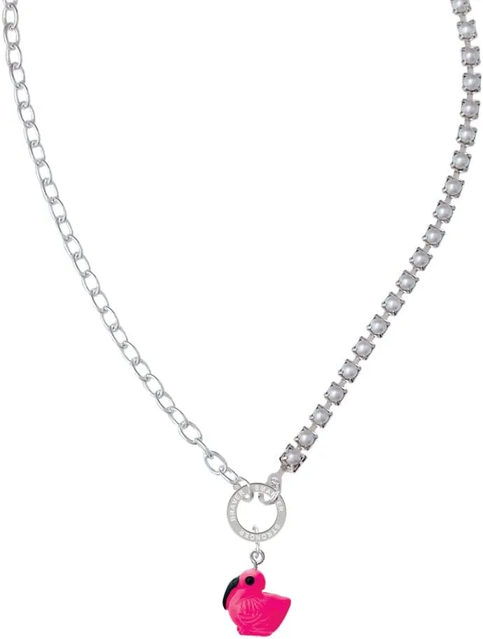 Delight Jewelry Resin Hot Pink Flamingo Stronger Braver Smarter Mixed Cable and Imitation Pearl Chain Choker Necklace, 14.75-17"