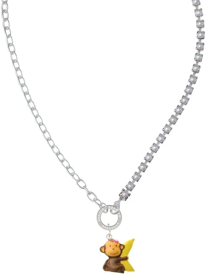 Delight Jewelry Resin Monkey Hugging a Banana Stronger Braver Smarter Mixed Cable and Imitation Pearl Chain Choker Necklace, 14.75-17"