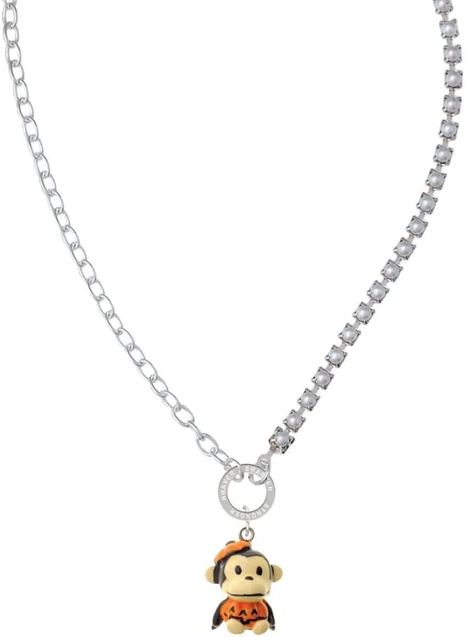 Delight Jewelry Resin Monkey in Pumpkin Costume Stronger Braver Smarter Mixed Cable and Imitation Pearl Chain Choker Necklace, 14.75-17"