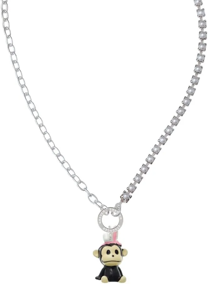 Delight Jewelry Resin Monkey with Bunny Ears Stronger Braver Smarter Mixed Cable and Imitation Pearl Chain Choker Necklace, 14.75-17"