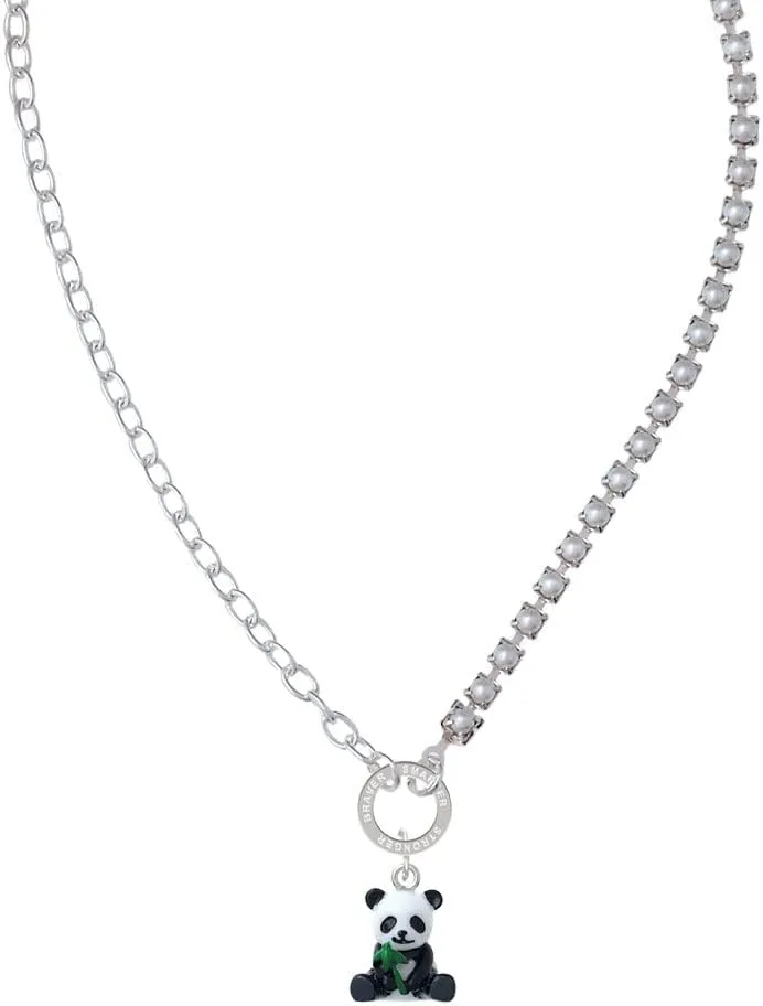 Delight Jewelry Resin Panda Bear Stronger Braver Smarter Mixed Cable and Imitation Pearl Chain Choker Necklace, 14.75-17"
