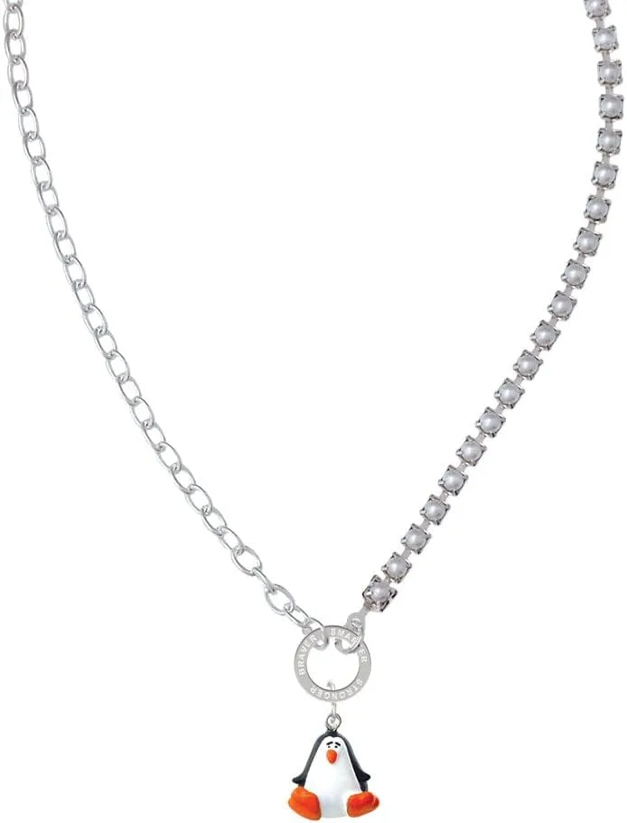 Delight Jewelry Resin Penguin Stronger Braver Smarter Mixed Cable and Imitation Pearl Chain Choker Necklace, 14.75-17"