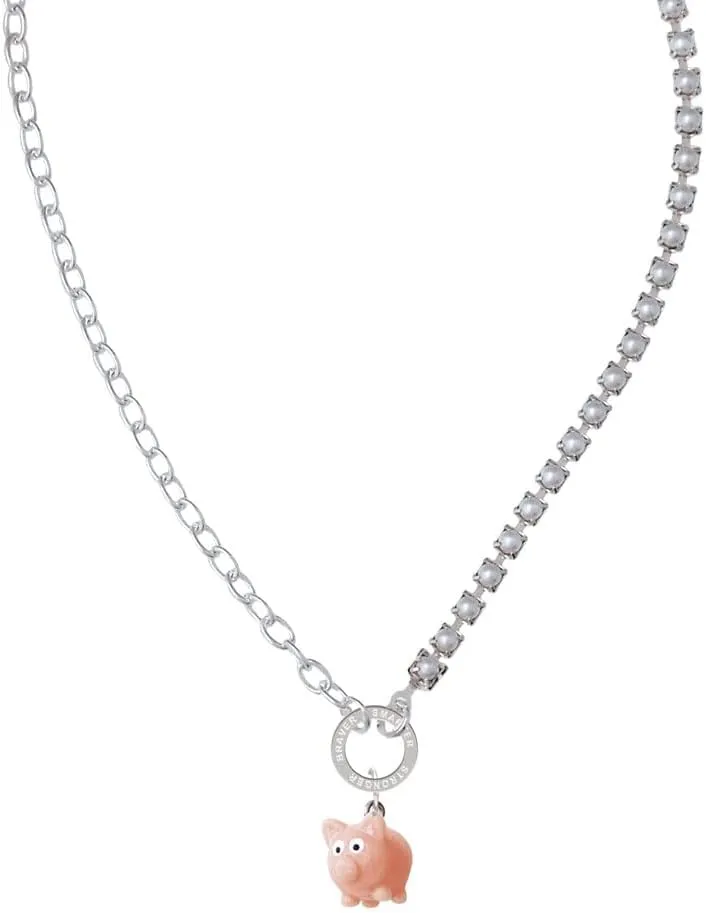 Delight Jewelry Resin Pink Pig Stronger Braver Smarter Mixed Cable and Imitation Pearl Chain Choker Necklace, 14.75-17"