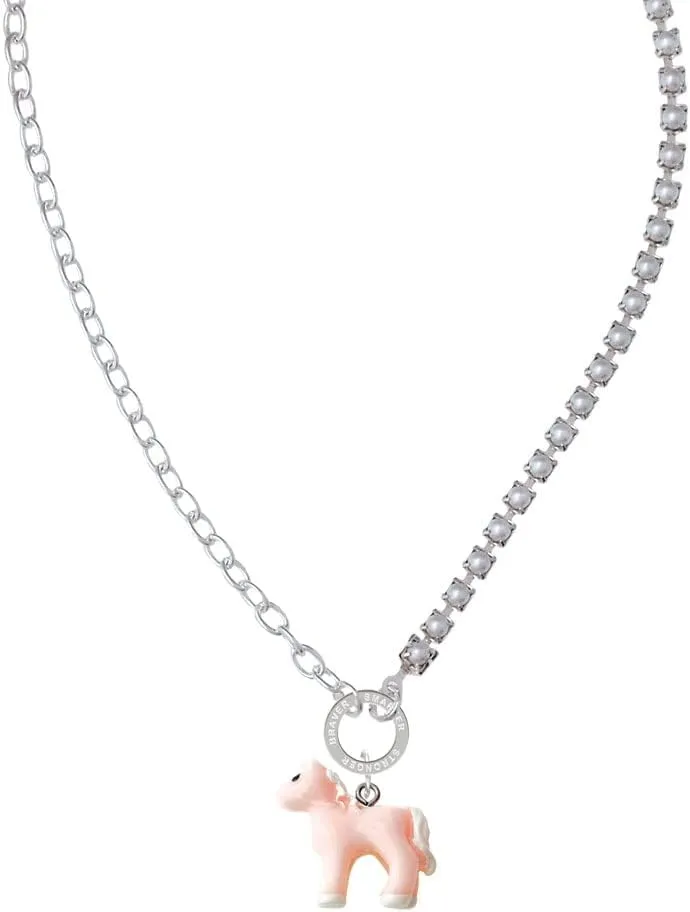 Delight Jewelry Resin Pink Pony Stronger Braver Smarter Mixed Cable and Imitation Pearl Chain Choker Necklace, 14.75-17"