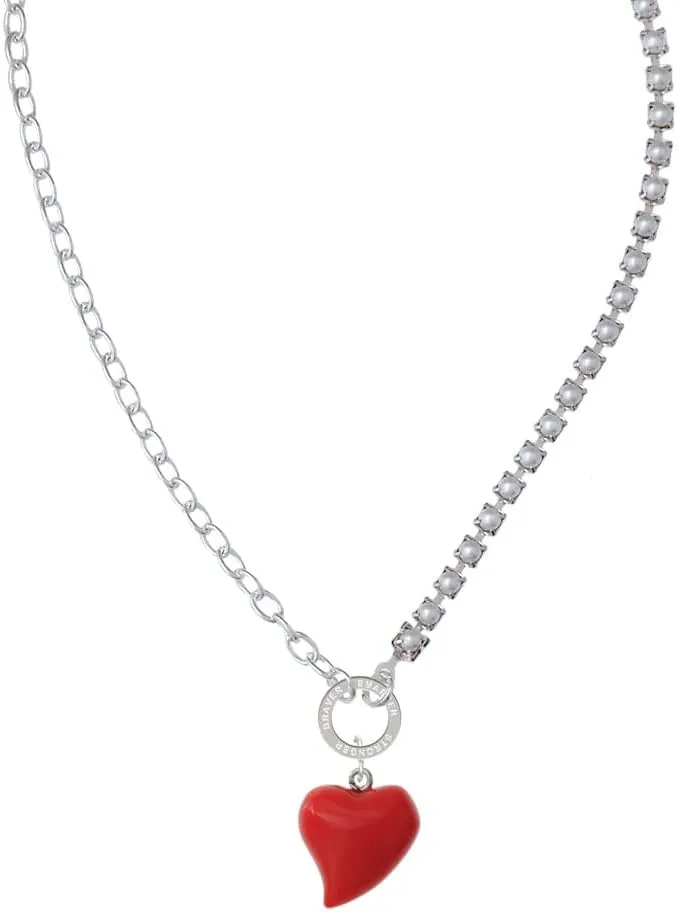 Delight Jewelry Resin Red Puffy Heart Stronger Braver Smarter Mixed Cable and Imitation Pearl Chain Choker Necklace, 14.75-17"