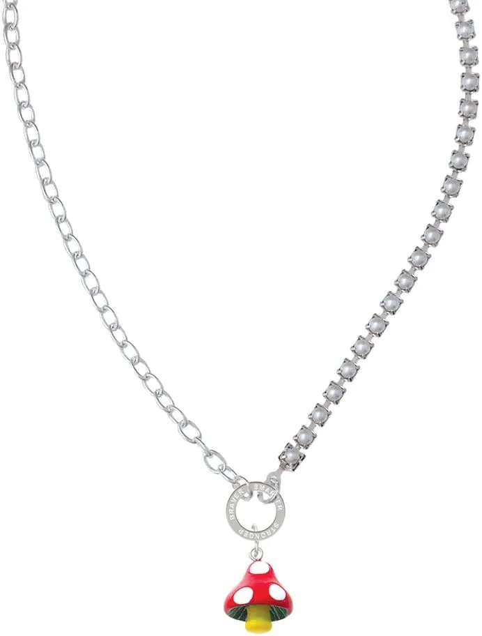 Delight Jewelry Resin Red Spotted Mushroom Stronger Braver Smarter Mixed Cable and Imitation Pearl Chain Choker Necklace, 14.75-17"