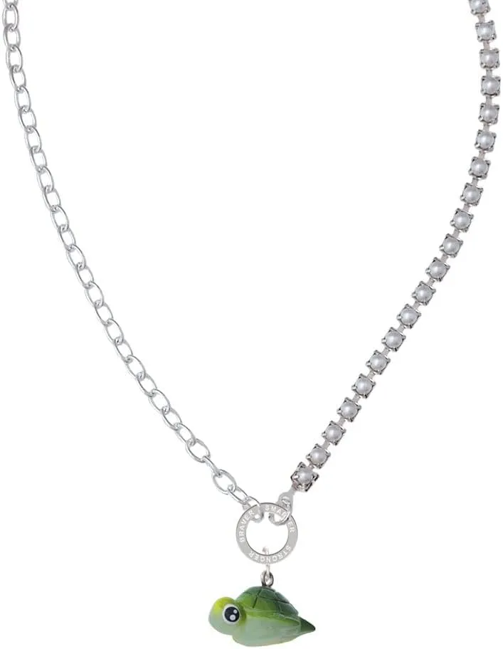 Delight Jewelry Resin Sea Turtle Stronger Braver Smarter Mixed Cable and Imitation Pearl Chain Choker Necklace, 14.75-17"