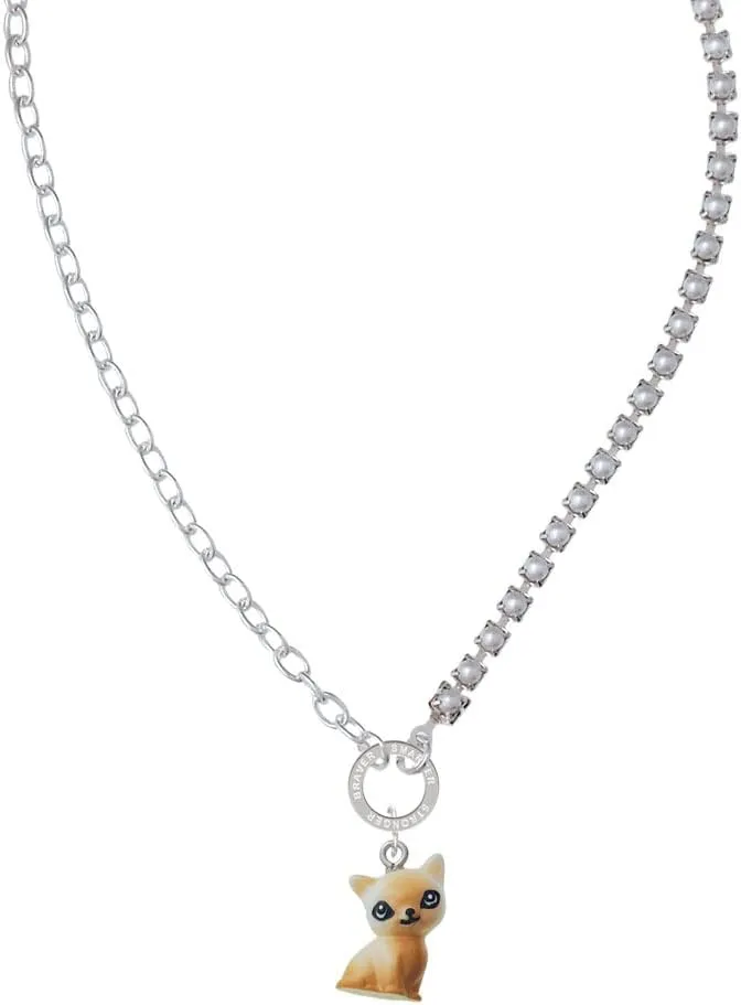 Delight Jewelry Resin Siamese Cat Stronger Braver Smarter Mixed Cable and Imitation Pearl Chain Choker Necklace, 14.75-17"