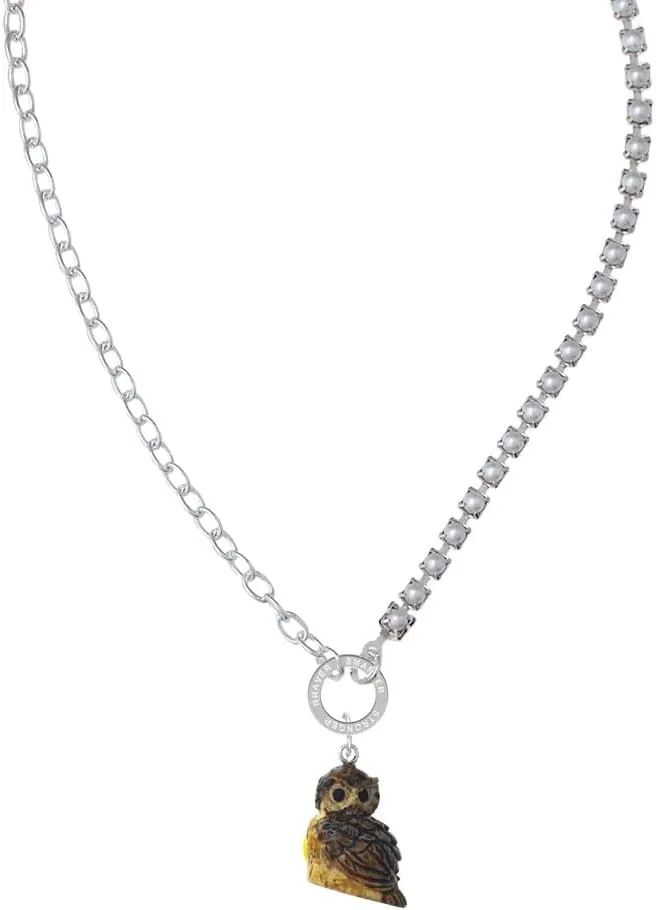 Delight Jewelry Resin Sitting Owl Stronger Braver Smarter Mixed Cable and Imitation Pearl Chain Choker Necklace, 14.75-17"