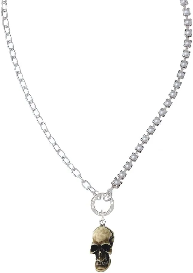 Delight Jewelry Resin Skull Stronger Braver Smarter Mixed Cable and Imitation Pearl Chain Choker Necklace, 14.75-17"