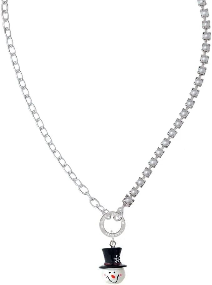 Delight Jewelry Resin Snowman Head with Top Hat Stronger Braver Smarter Mixed Cable and Imitation Pearl Chain Choker Necklace, 14.75-17"