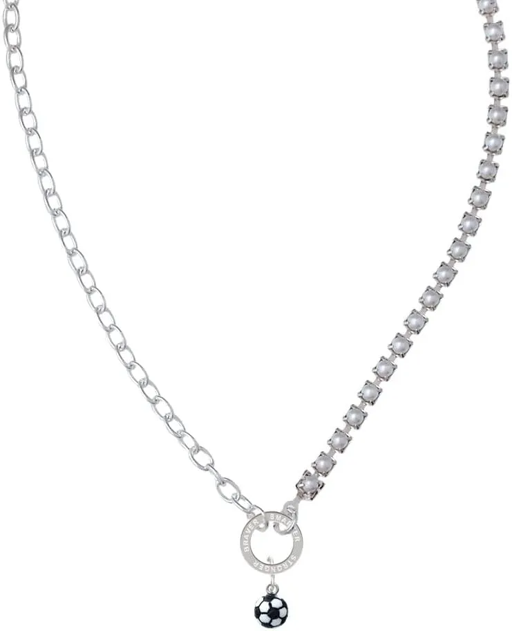 Delight Jewelry Resin Soccer ball Stronger Braver Smarter Mixed Cable and Imitation Pearl Chain Choker Necklace, 14.75-17"