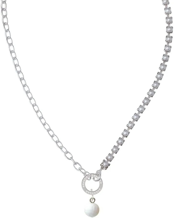 Delight Jewelry Resin Volleyball Stronger Braver Smarter Mixed Cable and Imitation Pearl Chain Choker Necklace, 14.75-17"
