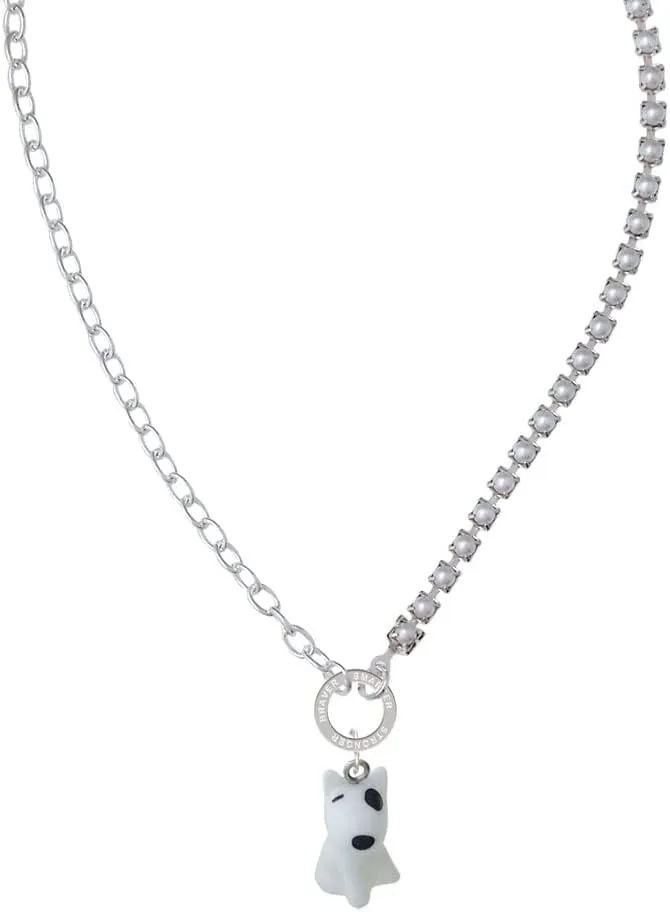 Delight Jewelry Resin White Bull Terrier Dog Stronger Braver Smarter Mixed Cable and Imitation Pearl Chain Choker Necklace, 14.75-17"