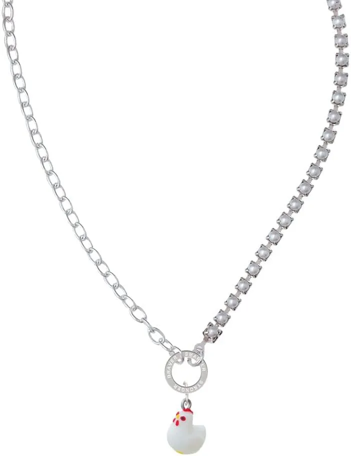 Delight Jewelry Resin White Chicken Stronger Braver Smarter Mixed Cable and Imitation Pearl Chain Choker Necklace, 14.75-17"