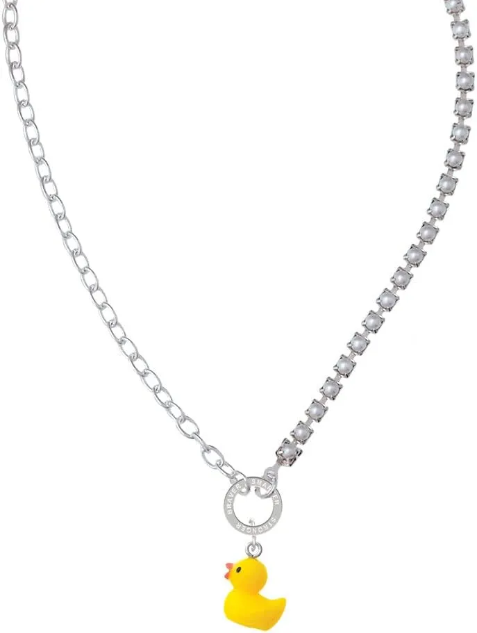Delight Jewelry Resin Yellow Ducky Stronger Braver Smarter Mixed Cable and Imitation Pearl Chain Choker Necklace, 14.75-17"