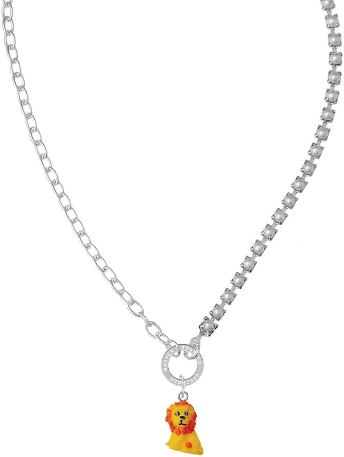 Delight Jewelry Resin Yellow Lion Stronger Braver Smarter Mixed Cable and Imitation Pearl Chain Choker Necklace, 14.75-17"