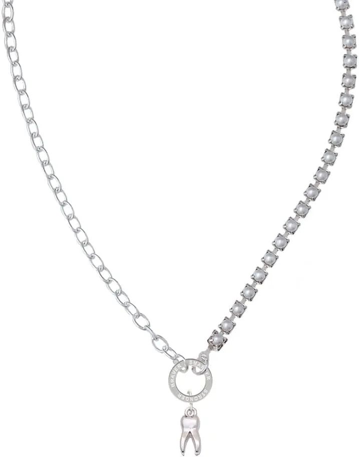 Delight Jewelry Silvertone 3-D Tooth - Stronger Braver Smarter Mixed Cable and Imitation Pearl Chain Choker Necklace, 14.75-17"