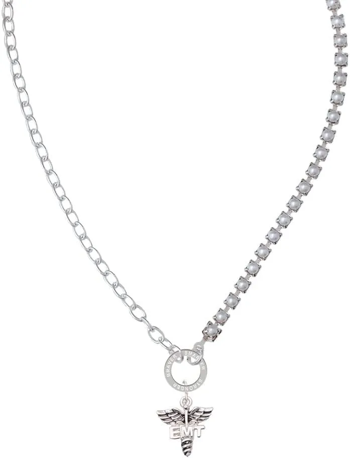 Delight Jewelry Silvertone EMT Caduceus - Stronger Braver Smarter Mixed Cable and Imitation Pearl Chain Choker Necklace, 14.75-17"