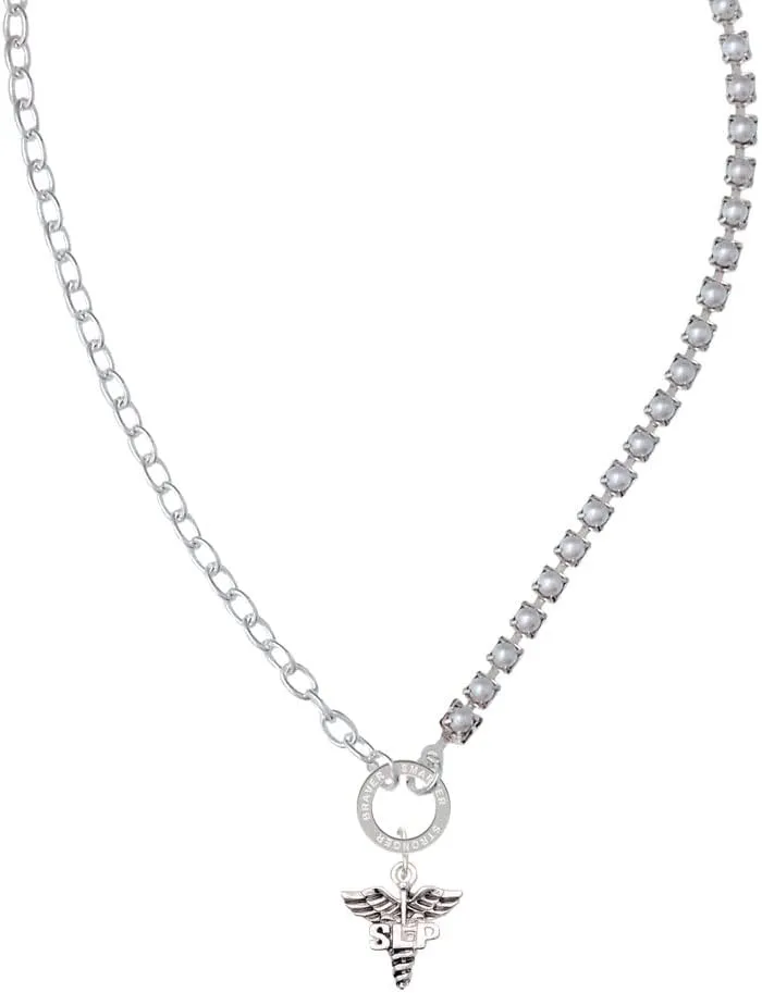 Delight Jewelry Silvertone SLP Caduceus - Stronger Braver Smarter Mixed Cable and Imitation Pearl Chain Choker Necklace, 14.75-17"