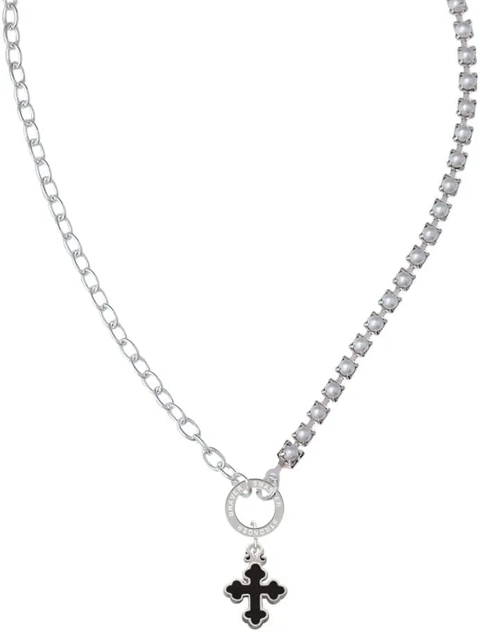 Delight Jewelry Silvertone Small Black Enamel Botonee Cross Stronger Braver Smarter Mixed Cable and Imitation Pearl Chain Choker Necklace, 14.75-17"