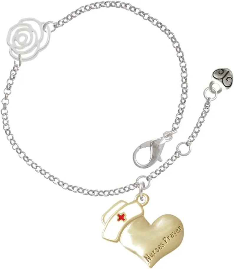 Delight Jewelry Two-tone Nurse's Prayer Heart - Healing Hand - Silver-tone Rose Link Charm Bracelet, 6.25" 1.75" Extender