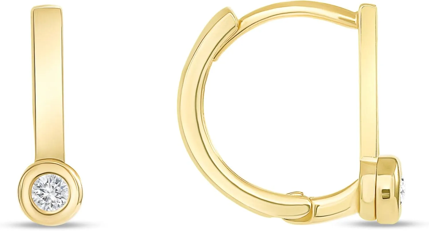Diamond Petite Huggie Hoop Earrings 14K Yellow Gold Nice Jewelry - Pretty Petite Minimalist Gift for Womens and Her - Bezel Set