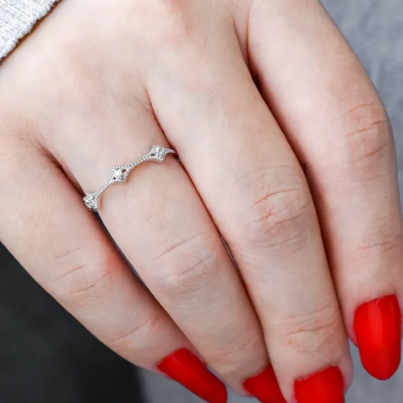 Diamond Wedding Band for Women,10k/14k/18k Gold Ring, Thin Stacking Ring, Minimalist Milgrain Design, Rose, White, Yellow Gold, Petite Dainty Band