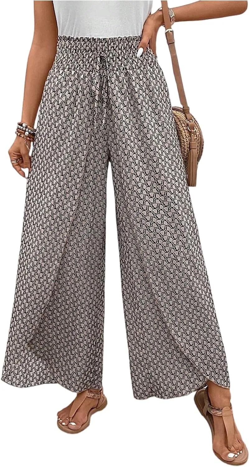 Ditsy Floral Pants for Women Front Slit Baggy Wide Leg Pants Summer Bohemian Drawstring High Waisted Paper Bag Pants