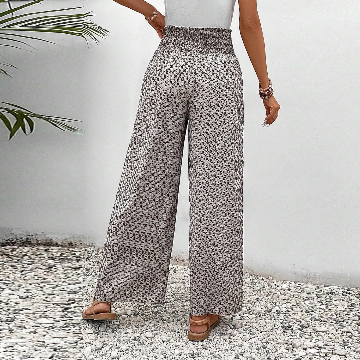 Ditsy Floral Pants for Women Front Slit Baggy Wide Leg Pants Summer Bohemian Drawstring High Waisted Paper Bag Pants