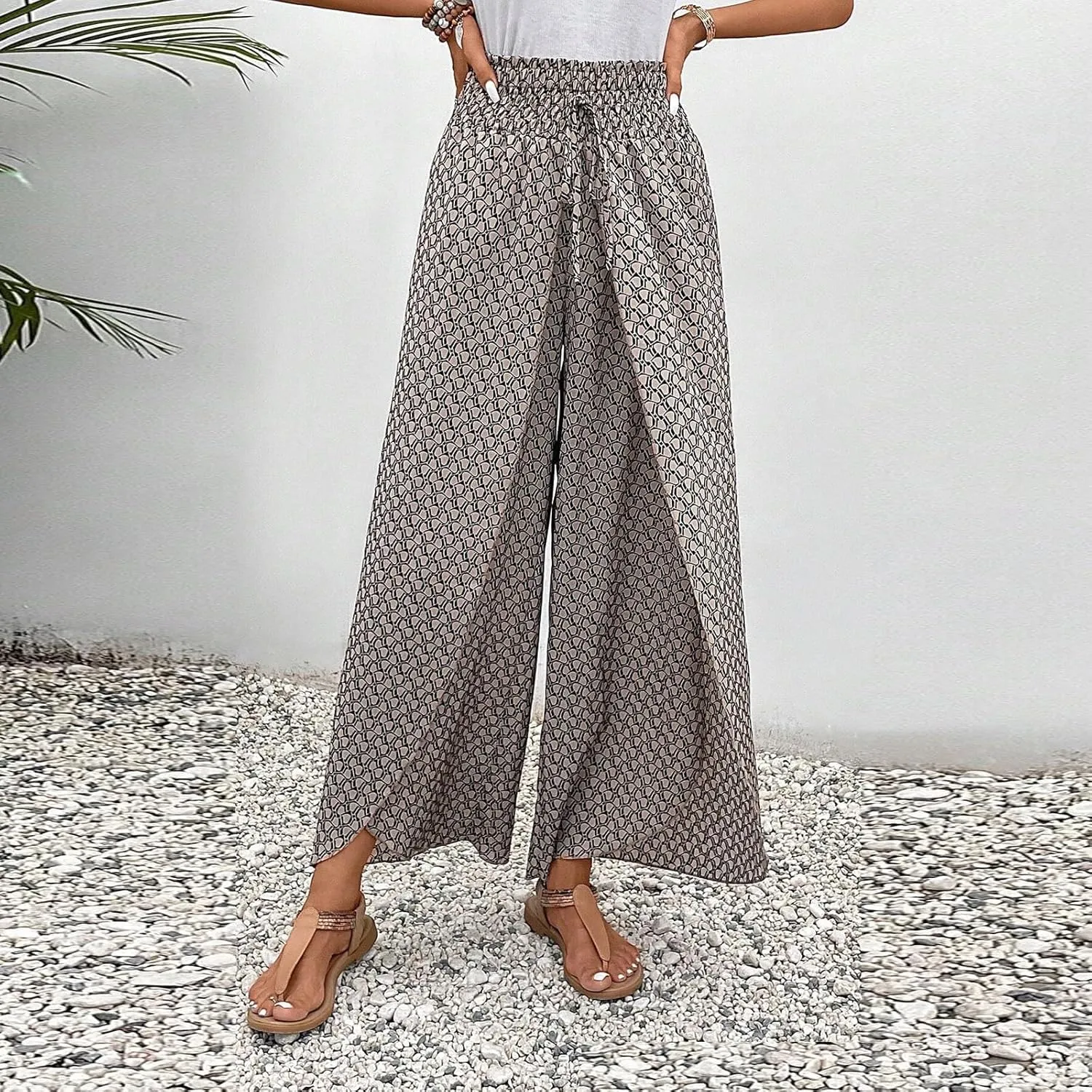 Ditsy Floral Pants for Women Front Slit Baggy Wide Leg Pants Summer Bohemian Drawstring High Waisted Paper Bag Pants