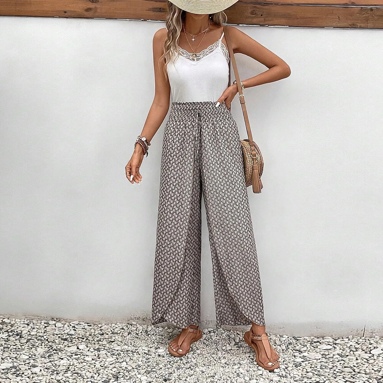 Ditsy Floral Pants for Women Front Slit Baggy Wide Leg Pants Summer Bohemian Drawstring High Waisted Paper Bag Pants