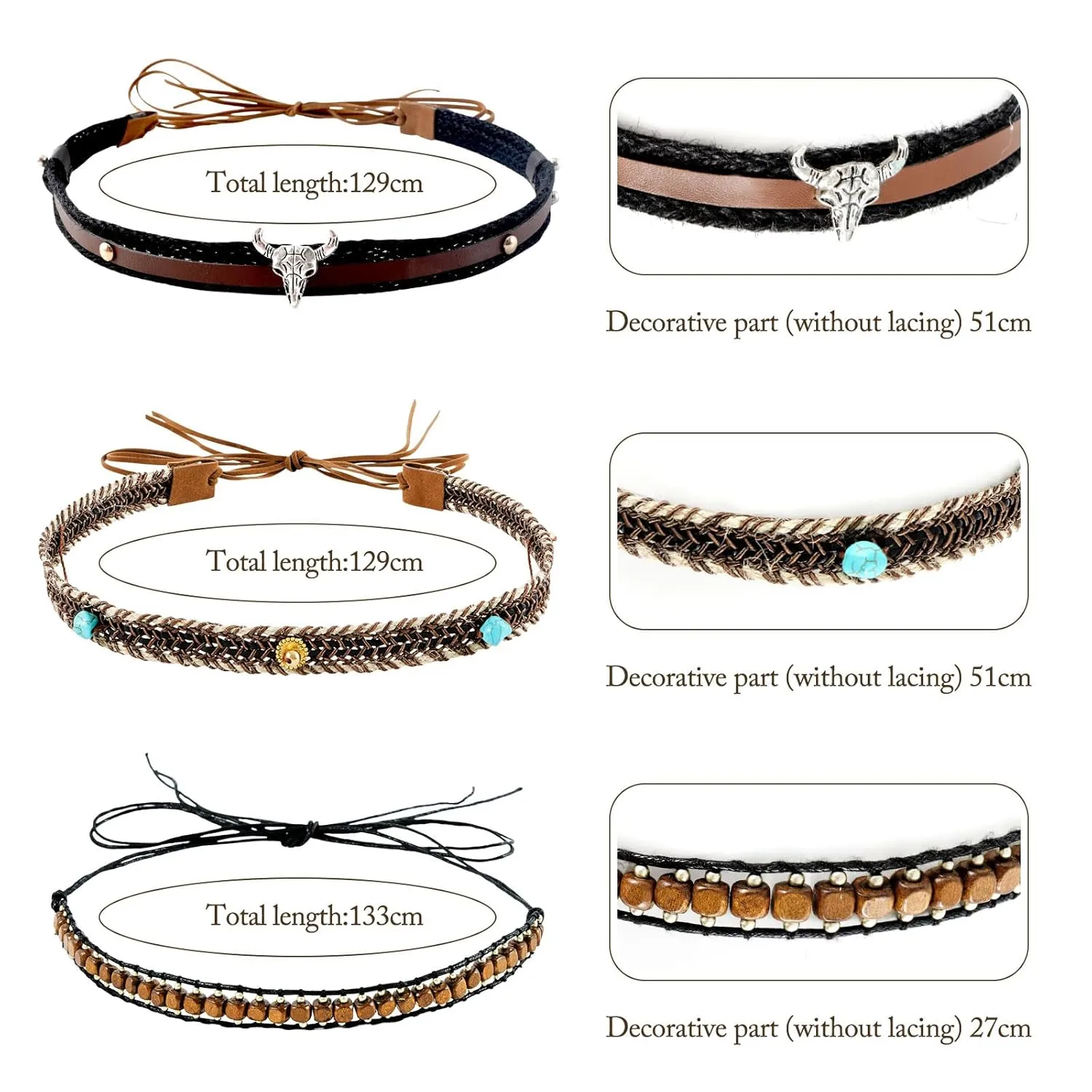 DOCILA 3 Pcs Hat Bands for Womens Cowboy Hats Men Western Cowgirl Hat Belt Panama Rancher Fedora Hats Headband Strap Decoration Accessories