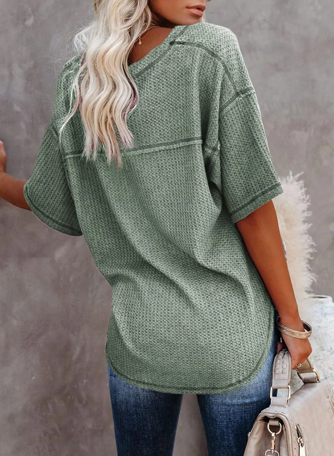Dokotoo Women's Causual V Neck Short Sleeve Shirts Waffle Knit Loose Tunic Tops Blouses