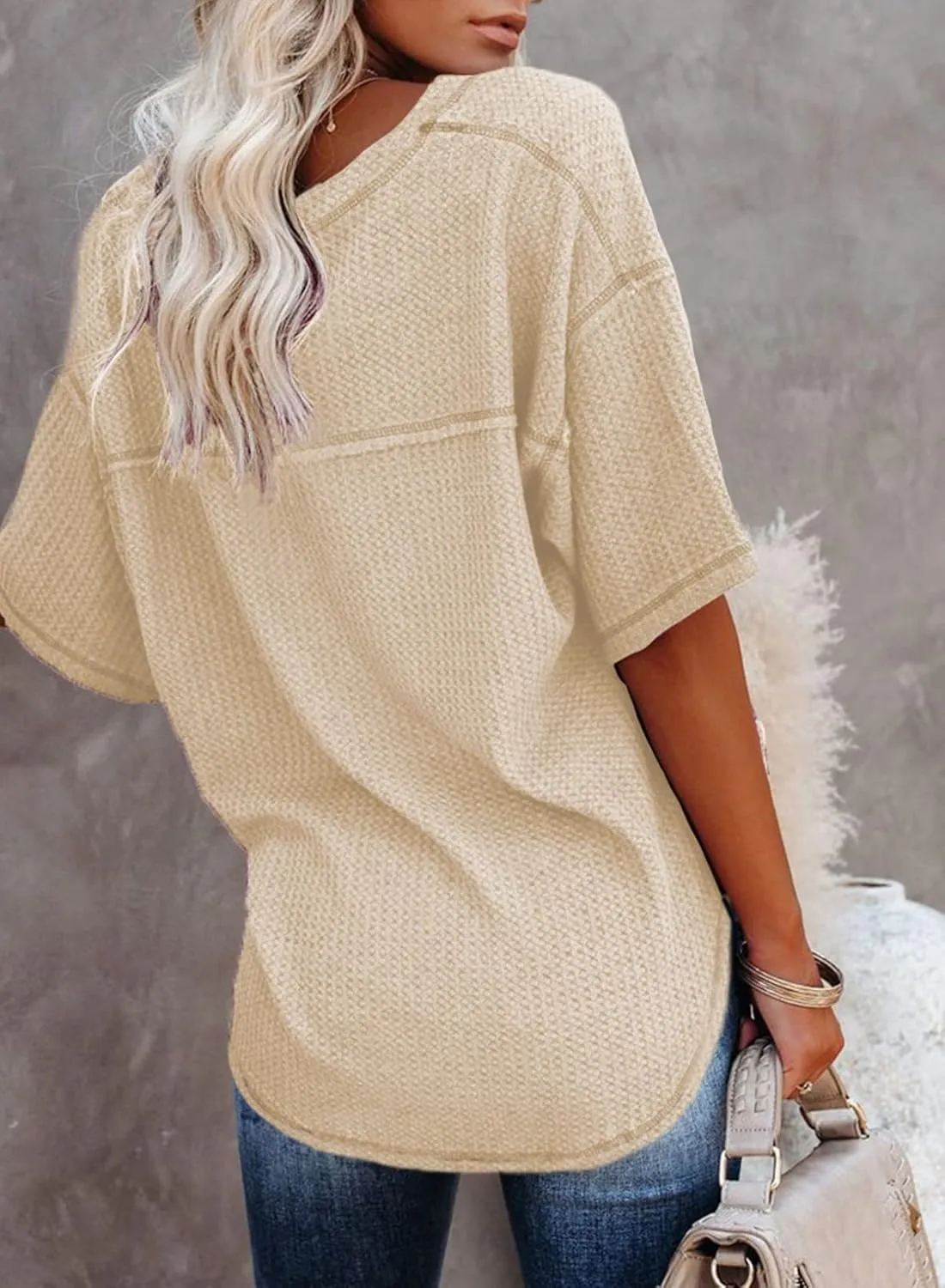Dokotoo Women's Causual V Neck Short Sleeve Shirts Waffle Knit Loose Tunic Tops Blouses